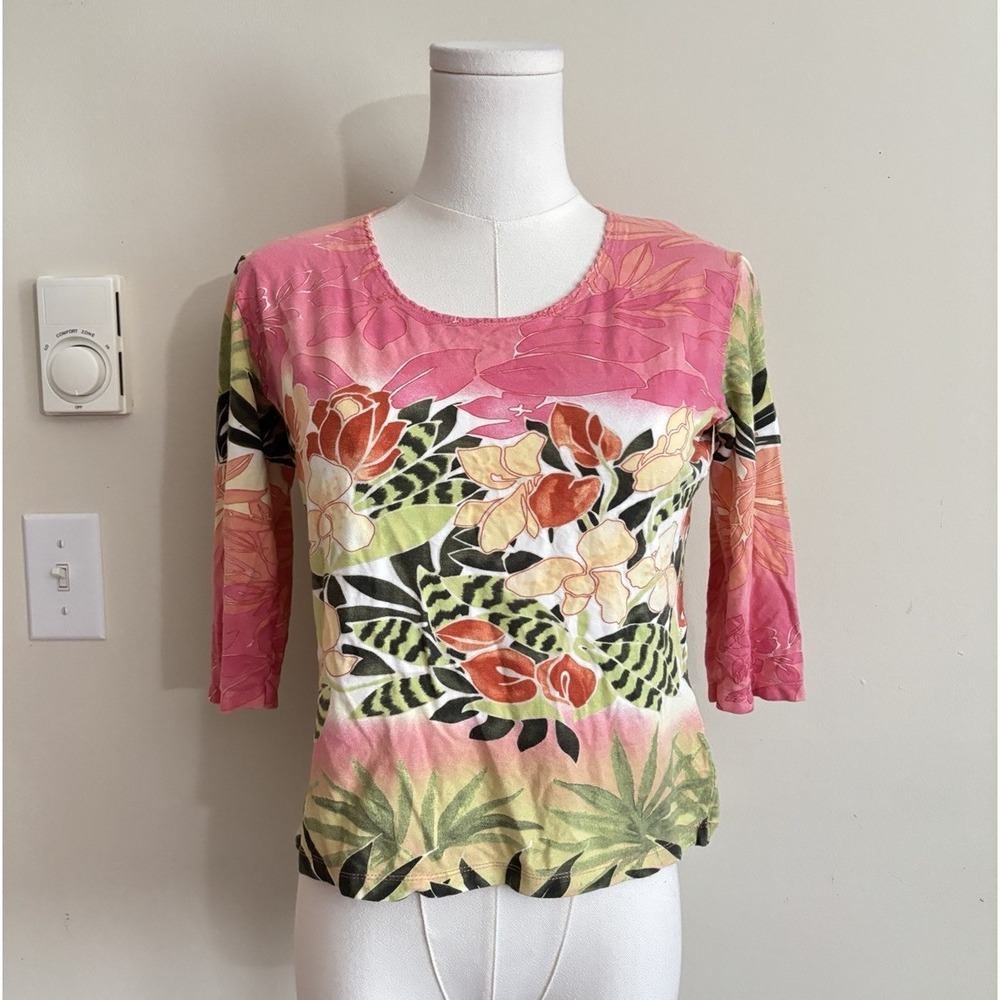 Olsen Europe Y2K Top Womens Large Floral Pink Green 90s 2000s Stretch Cute